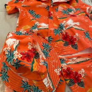 Boys Hawaiian Button Down Shirt and Short Set with Bucket Hat Summer